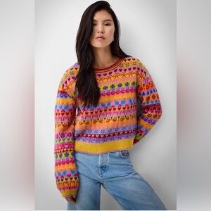 Free People Favorite Things Wool Sweater Bright Confetti Jacquard Knit Size L